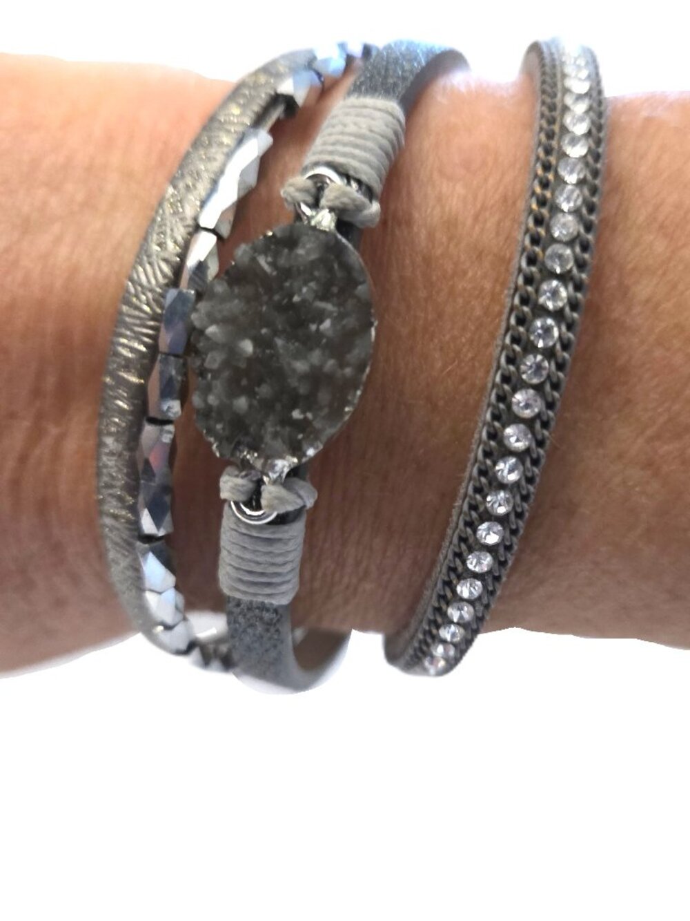 Multiple Strand Gray Gem Stone Rock Rhinestone Bracelet Charms